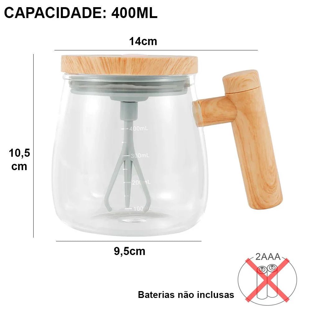 Caneca Auto Agitadora Elétrica 400ml com cabo de madeira - Achei na Lojinha