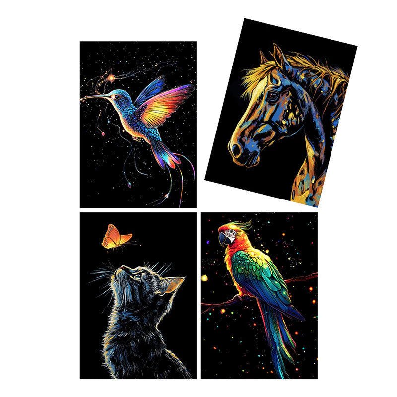 Quadro de Raspar Arte Mágica Neon (Kit com 4) – Raspe, Descubra e Veja o Brilho Acontecer! - Achei na Lojinha