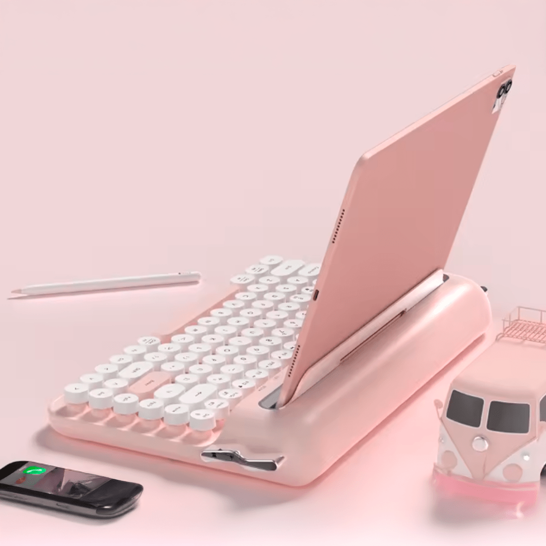 Teclado Bluetooth Dual Connect Recarregável com Suporte - Achei na Lojinha
