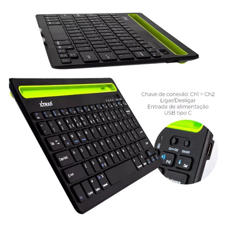 Teclado Bluetooth Dual Connect Recarregável com Suporte - Achei na Lojinha