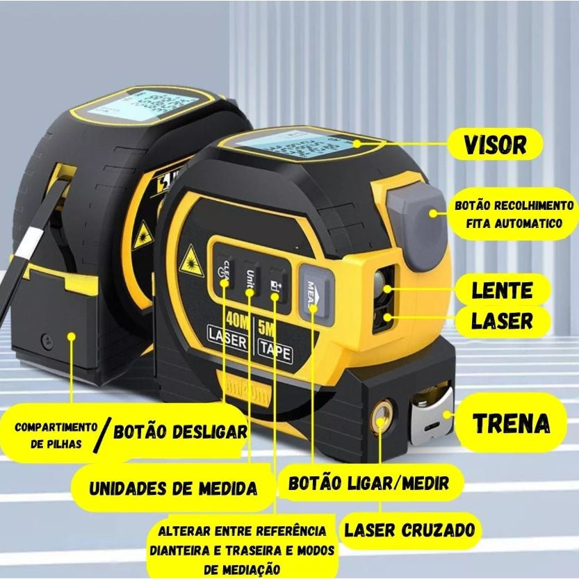 Trena Laser Digital 40M Fita Métrica 5M Multifuncional 3 em 1 - Achei na Lojinha