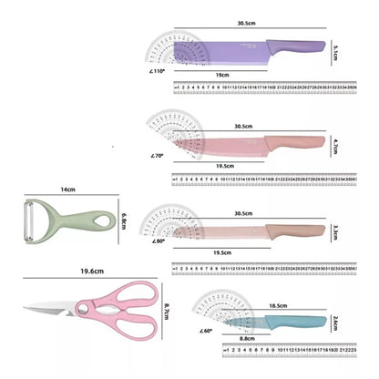 Jogo De Facas Gourmet Colorida + Tesoura E Descascador – 06 Peças