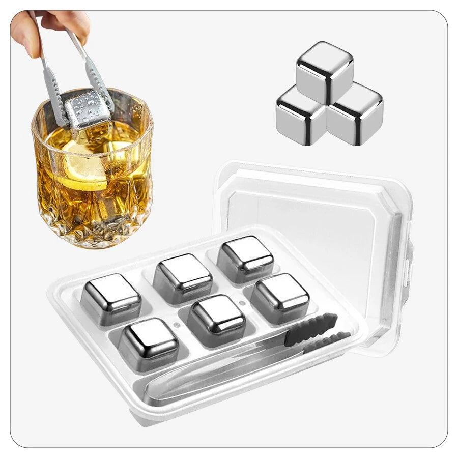 Kit 6 Peças Cubos de Gelo Aço Inox com Pinça de Silicone e Bandeja com Tampa - Achei na Lojinha