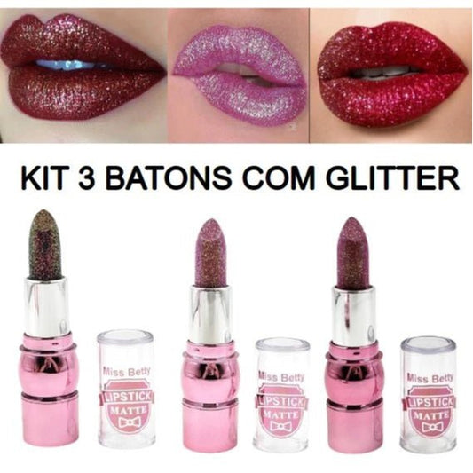 Kit com 3 Batons com Glitter Miss Betty - Achei na Lojinha