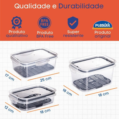 Kit de 5 Potes Herméticos com Trava e Escorredor - Achei na Lojinha